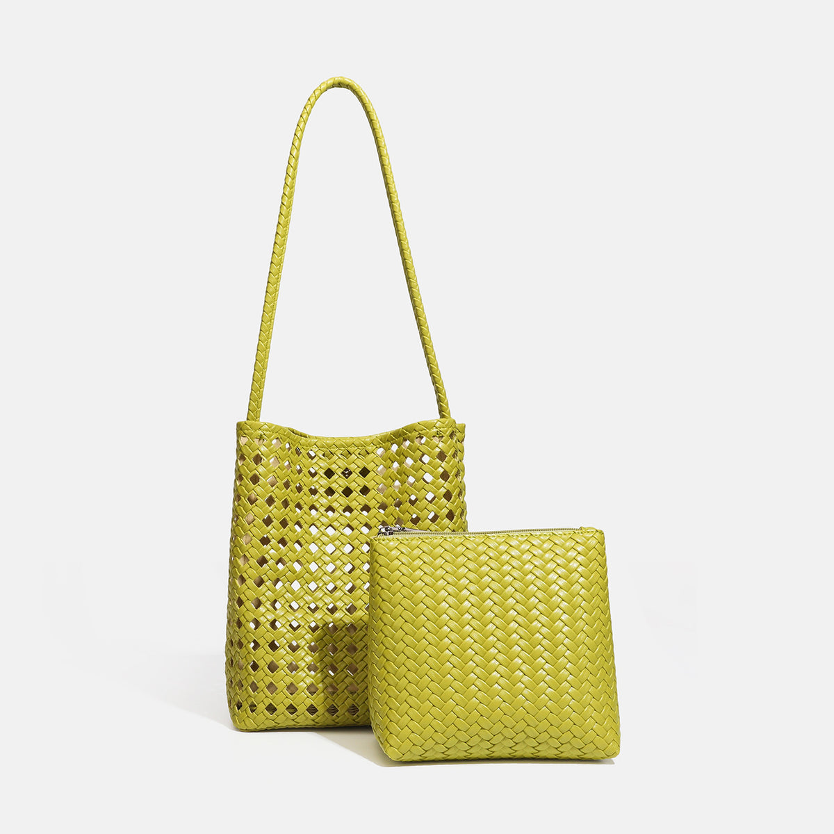 Altrosa Bucket-Bag aus offenmaschigem Webmaterial mit langem Flechtriemen und passender Innentasche mit Reißverschluss, Detailansicht 11