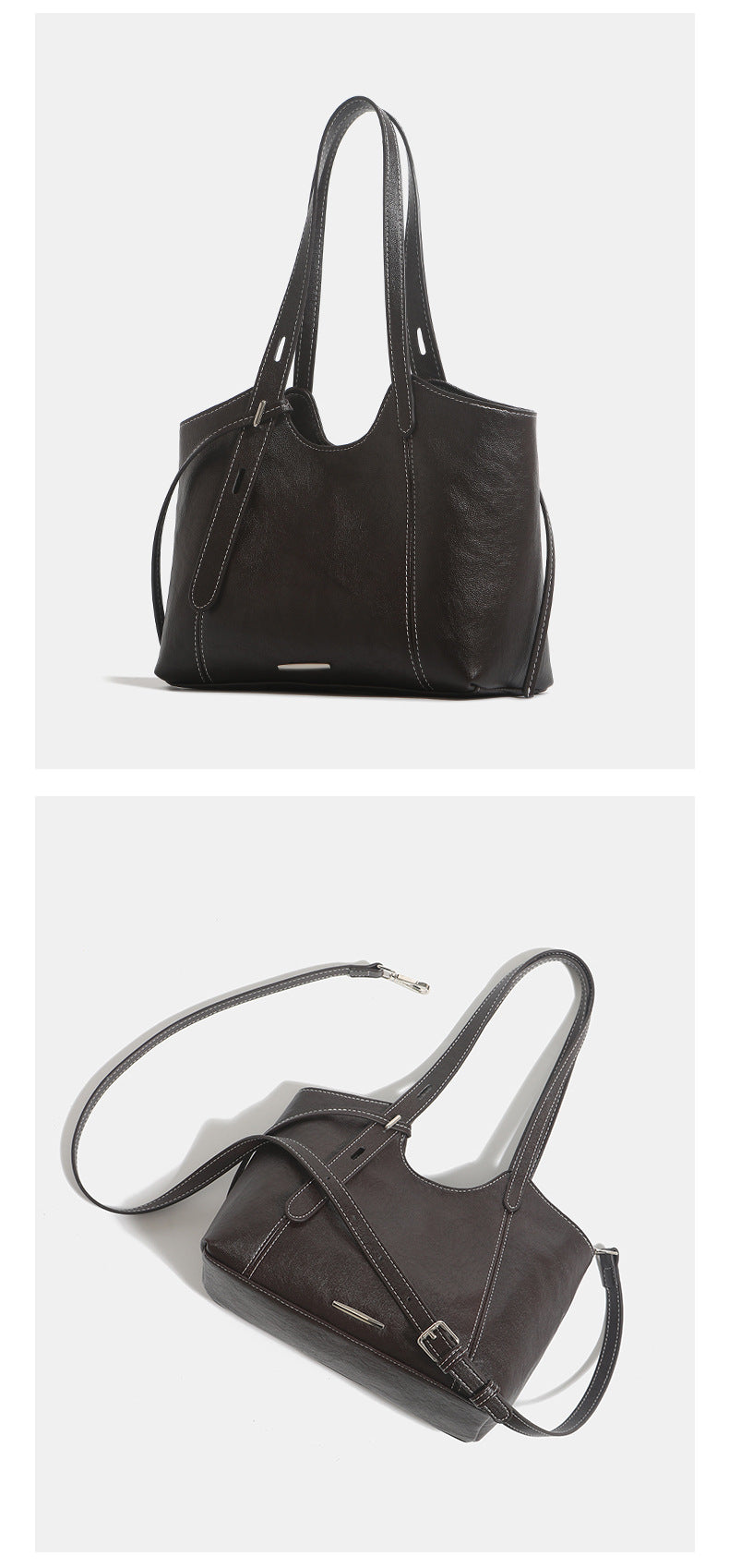 Structured leather-look tote shoulder bag with double crossed straps, contrast topstitching, and metal bar hardware, detail