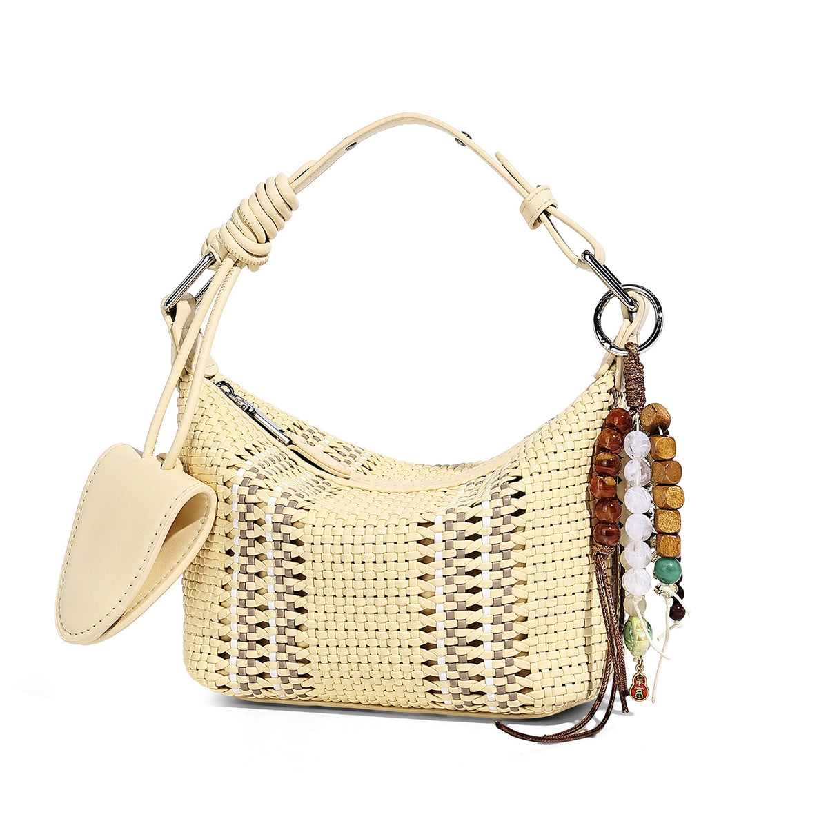 Small woven crescent shoulder bag with leather-look trim, zip closure, silver-tone ring hardware, and beaded tassel charm