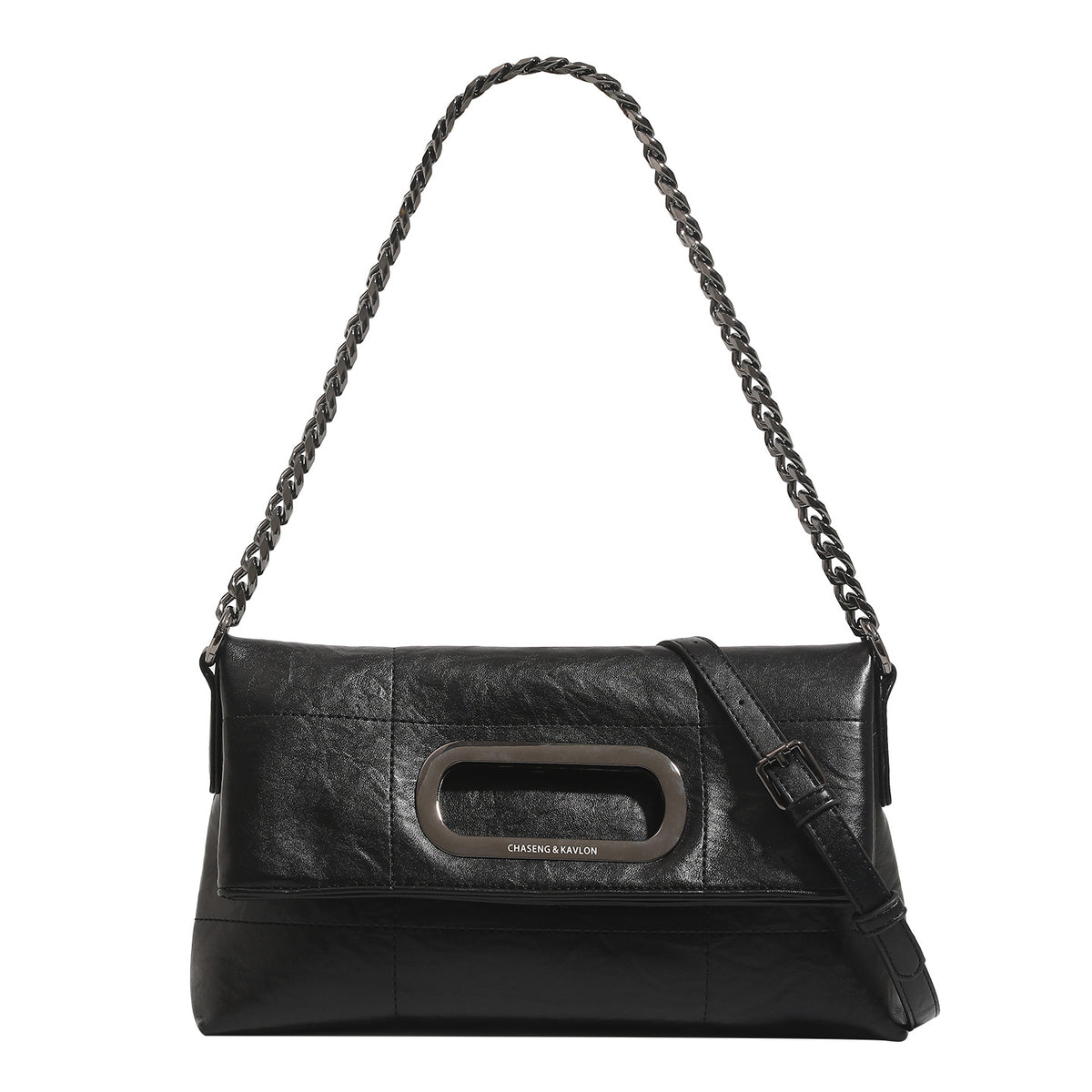 Soft rectangular leather-look convertible shoulder bag with dark curb-chain strap and rounded rectangular metal handle