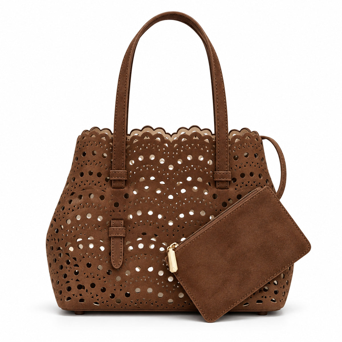 Structured scalloped perforated tote bag with matte suede-look finish and detachable zip pouch, detail view 7