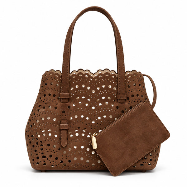Structured scalloped perforated tote bag with matte suede-look finish and detachable zip pouch, detail view 7