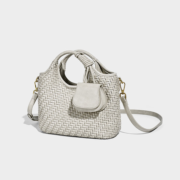 Woven texture tote bag with knotted top handles, attached front mini pouch, and gold-tone hardware, detail view 8