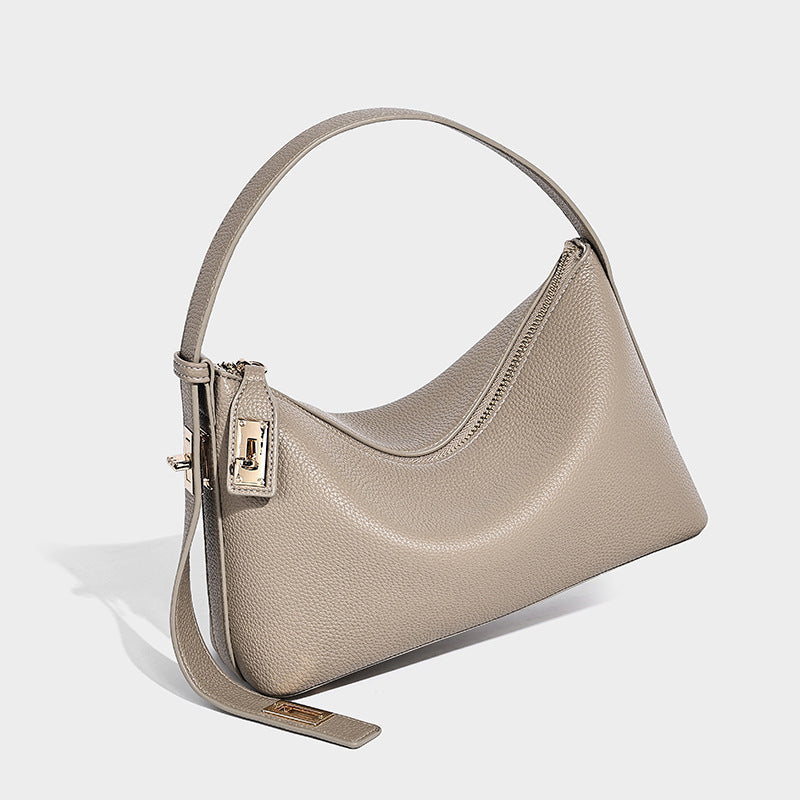 Pebbled leather-look hobo shoulder bag with gold-tone turn-lock hardware and zip-top closure, front view