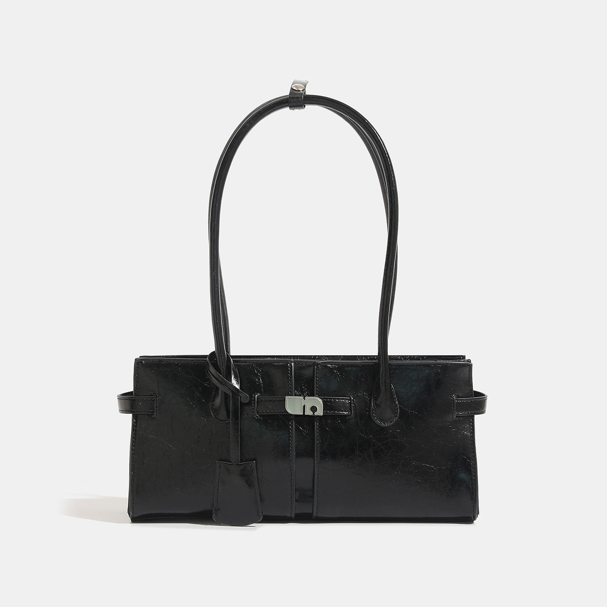 Structured glossy leather-look tote bag with long loop handles and silver turn-lock buckle closure, front view