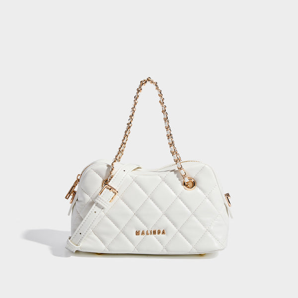 Diamond-quilted mini shoulder bag with gold-tone chain strap and top zip closure, detail view 7