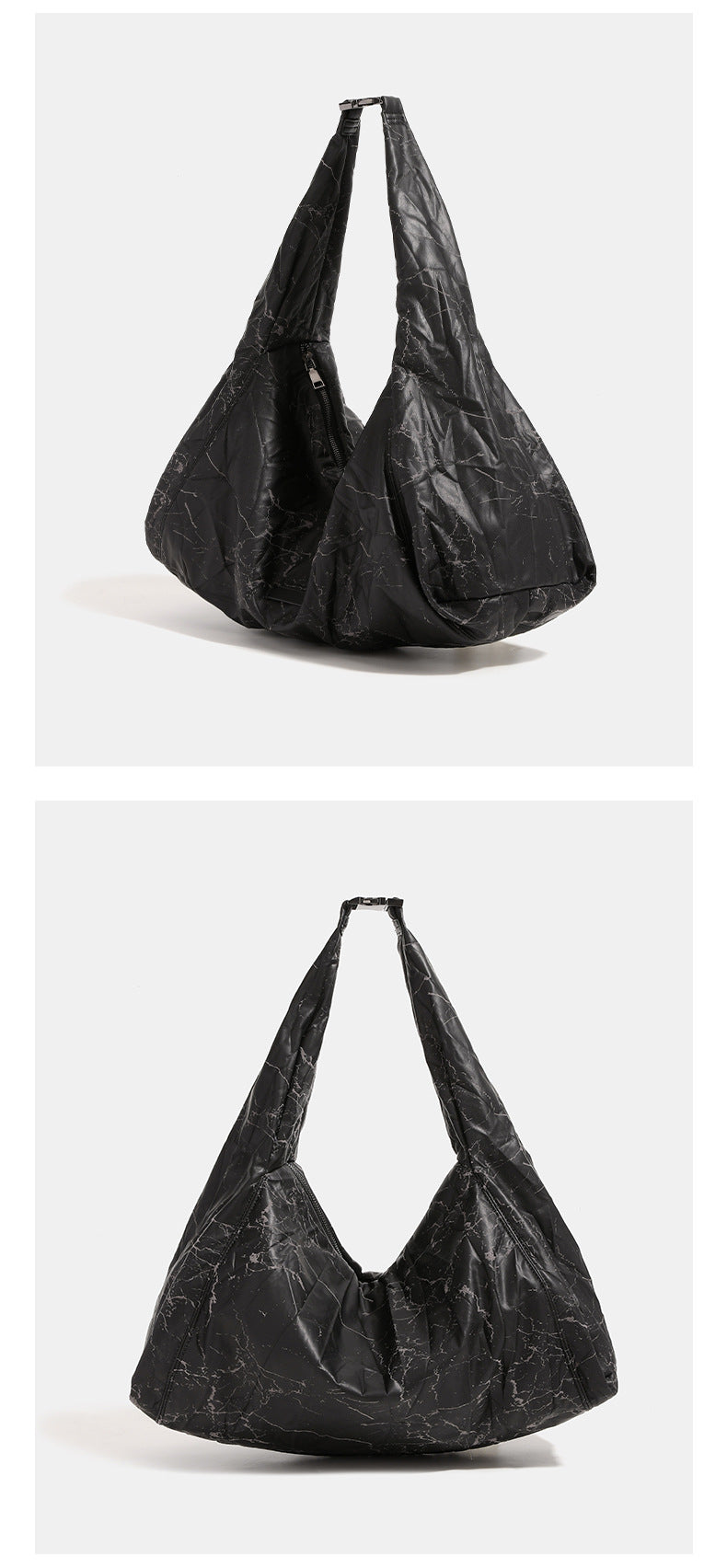 Oversized slouchy hobo shoulder bag in dark marled denim-texture fabric with top zip closure and adjustable single strap