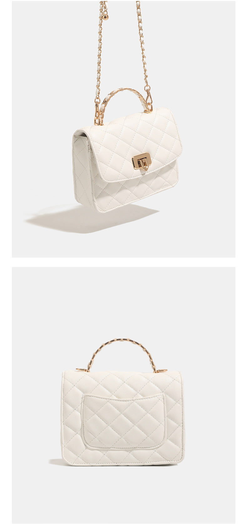 Small structured quilted flap crossbody bag with gold-tone turn-lock closure and chain strap, detail view 12