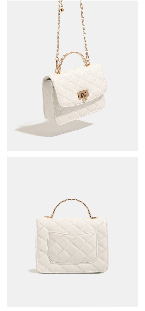 Small structured quilted flap crossbody bag with gold-tone turn-lock closure and chain strap, detail view 12