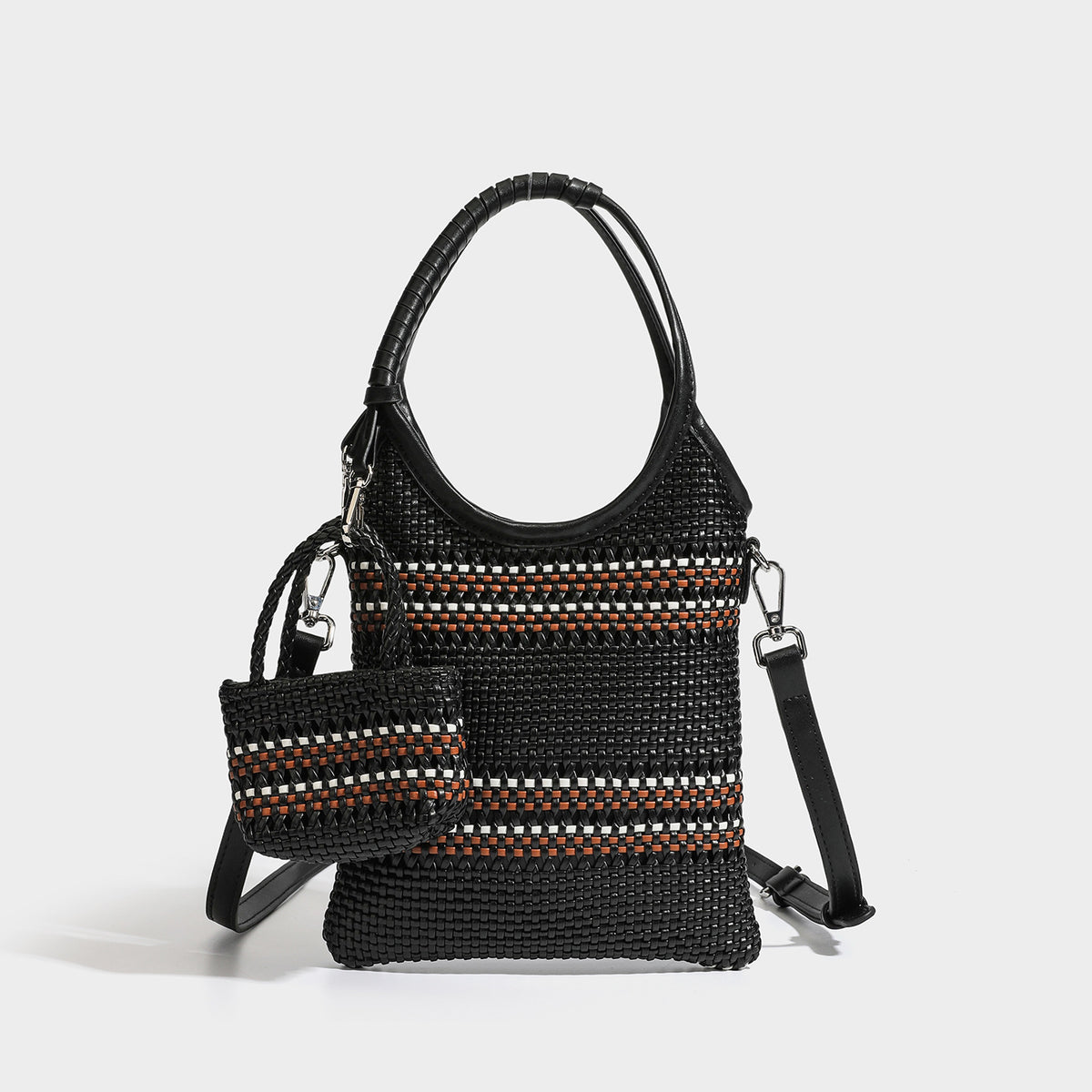 Brown two-tone woven leather-look shoulder bag with braided top handles, detachable mini pouch, and adjustable crossbody