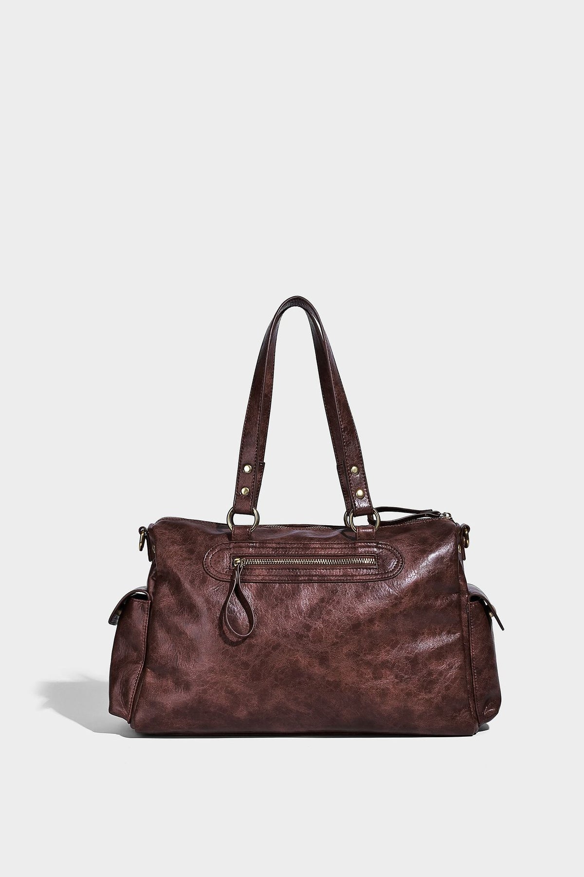 Distressed leather-look vintage satchel shoulder bag with multiple front zip pockets, dual top handles, and brass-tone