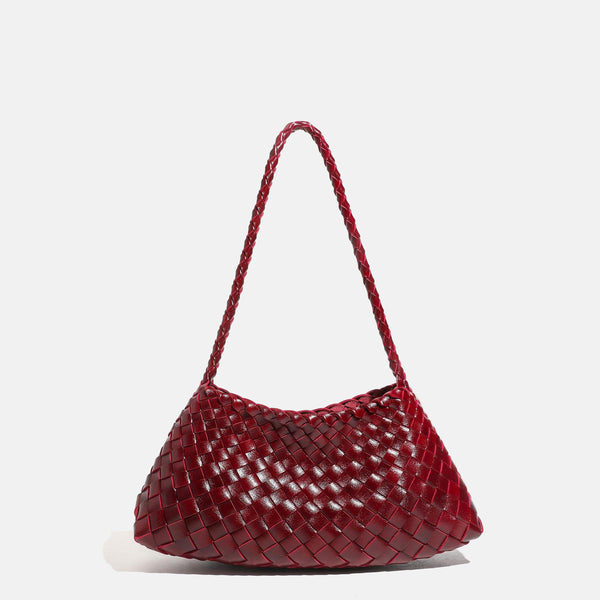 Dark brown hand-woven leather-look hobo shoulder bag with braided strap and drawstring closure, detail view 15