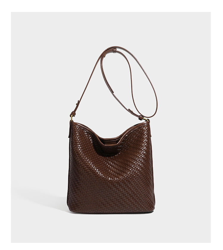 Woven-look slouchy hobo shoulder bag in brown with attached mini pouch and gold-tone hardware, detail view 16