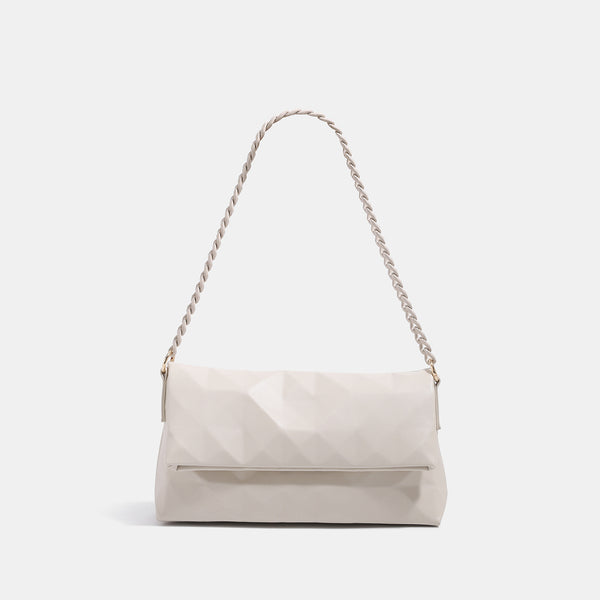 Geometric faceted flap shoulder bag with braided chain strap in black and ivory leather-look finish, detail view 7