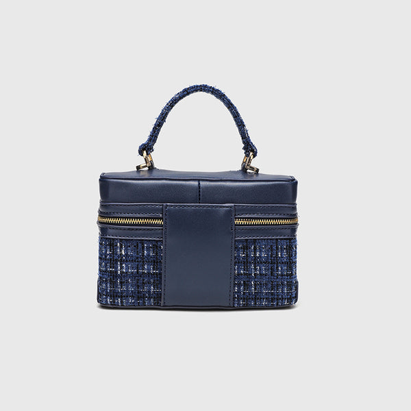 Structured navy tweed and leather-look box mini handbag with gold-tone zipper, braided top handle, and dual detachable