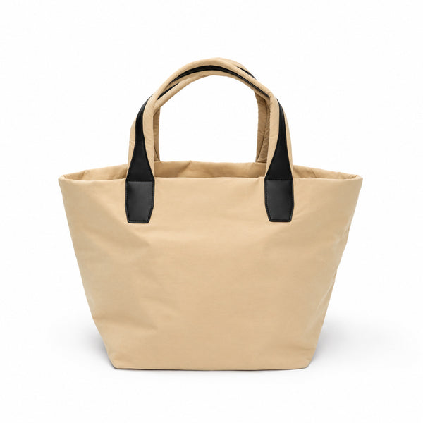 Large lightweight nylon tote bag with zipper closure, black leather-look handles, and trapezoid silhouette, detail view 6