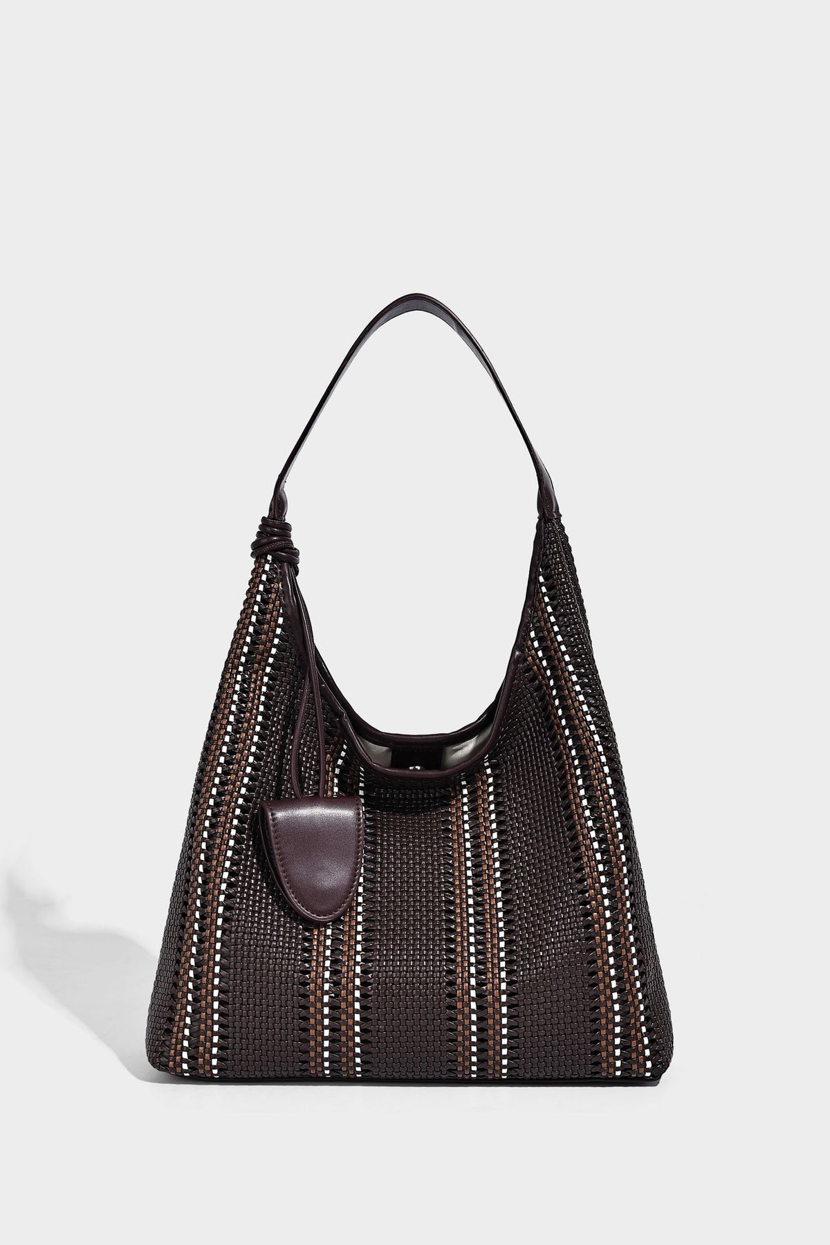 Woven striped slouch shoulder tote bag with knotted strap and attached front flap pouch, detail view 19