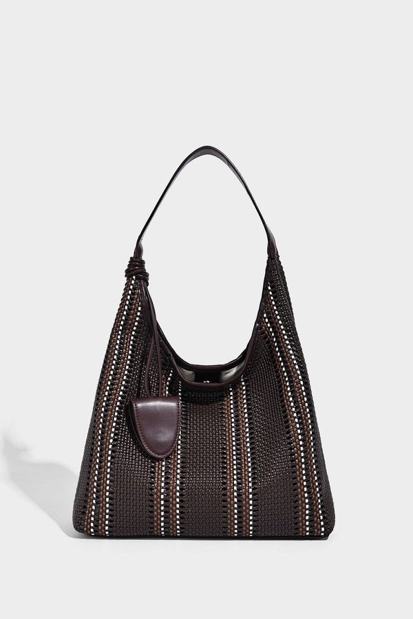 Woven striped slouch shoulder tote bag with knotted strap and attached front flap pouch, detail view 19
