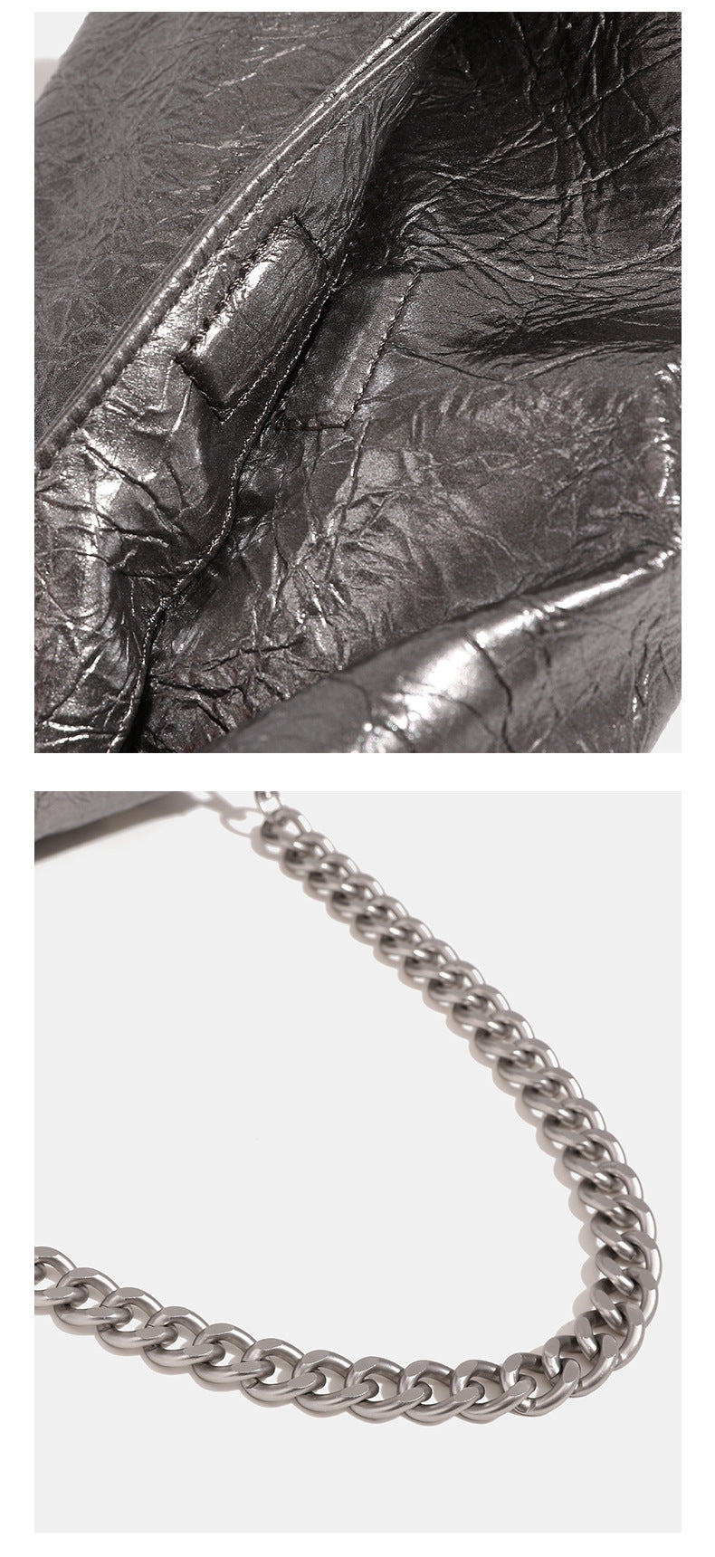 Rectangular flap shoulder bag with chunky silver-tone chain strap and crinkled leather-look finish, detail view 11
