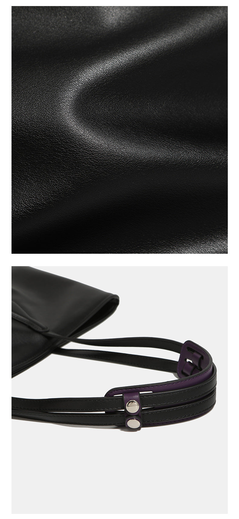 Large black leather-look trapezoid tote bag with double shoulder straps and purple accent hardware, detail view 10