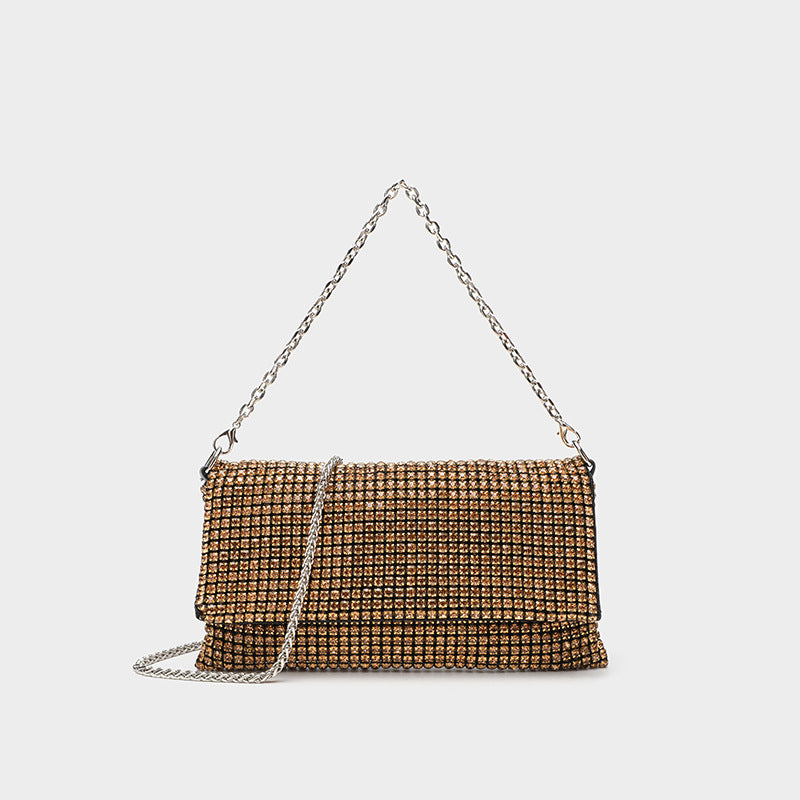 Small rectangular all-over rhinestone flap crossbody clutch bag with silver chain strap, detail view 3