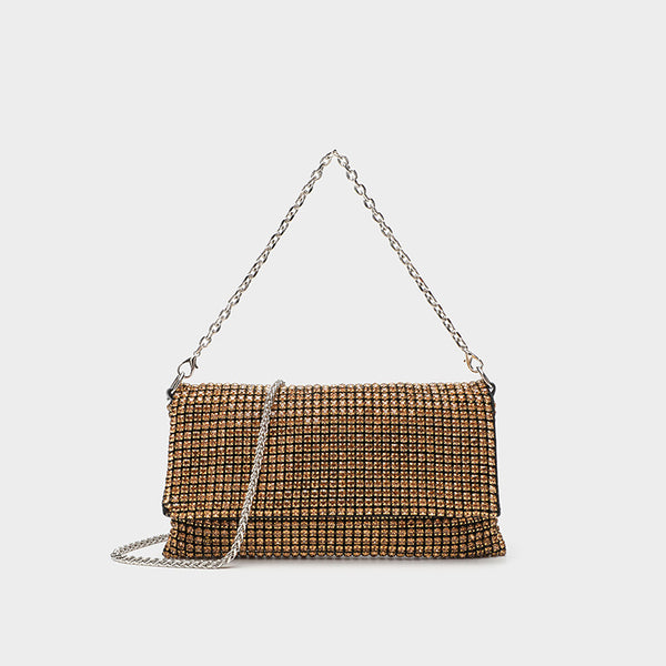 Small rectangular all-over rhinestone flap crossbody clutch bag with silver chain strap, detail view 3