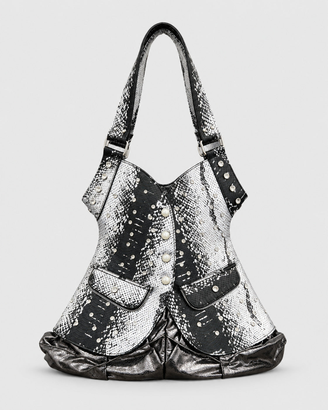 Corset-silhouette leopard-print shoulder bag with crystal and pearl-look stud hardware, front zip flap pockets, and, detail