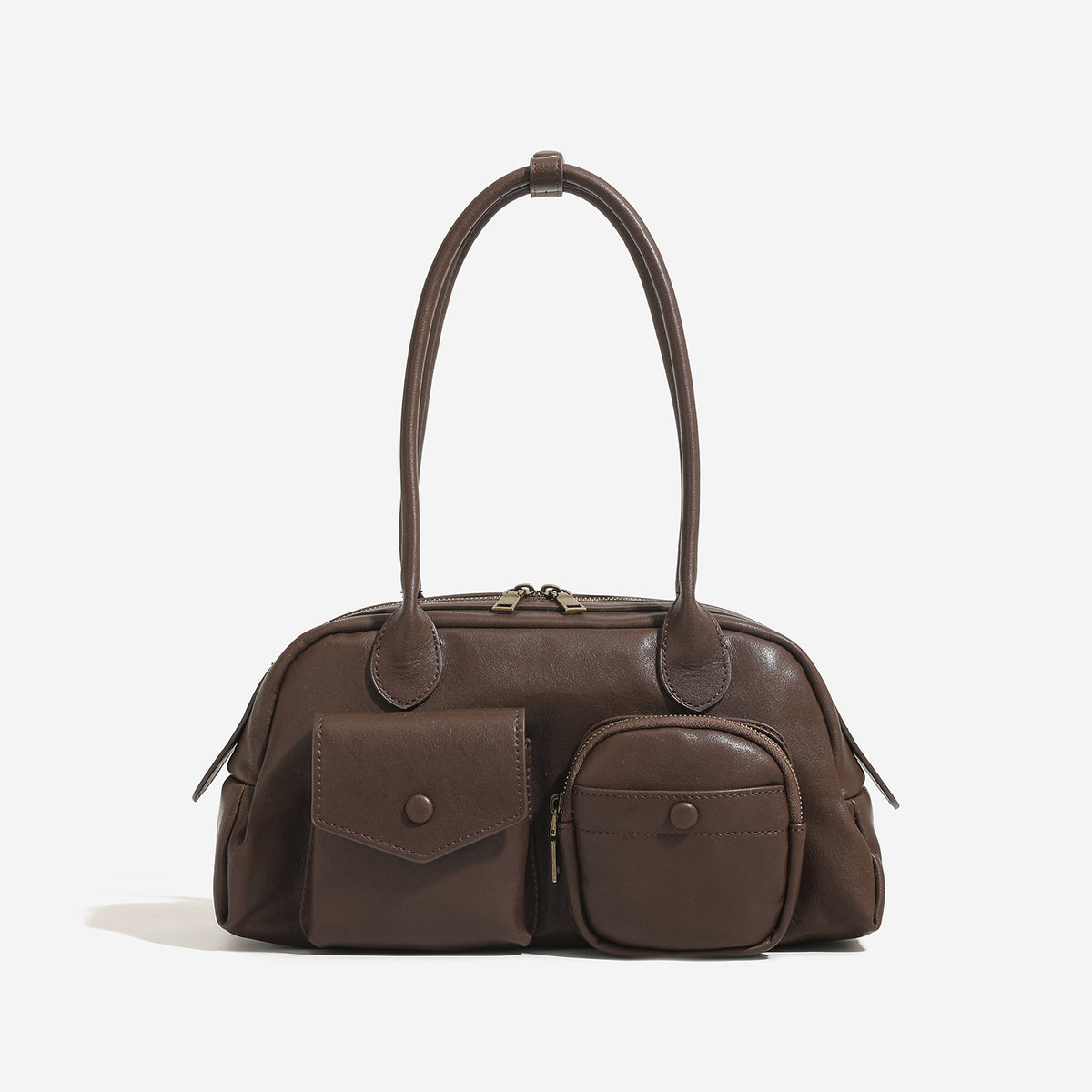 Structured retro bowling-style top-handle handbag with dual zip closure, front snap-flap pocket, and front zip pocket, front