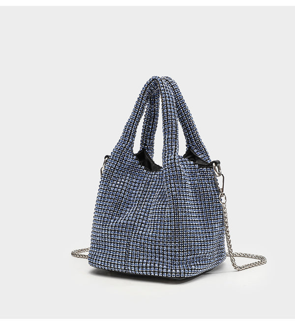 Small all-over rhinestone crystal bucket bag with twin handles and detachable chain shoulder strap, detail view 24