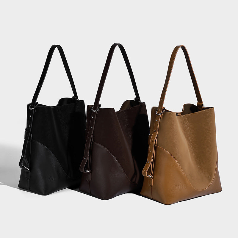 Large two-tone matte suede-effect and smooth leather-look bucket tote bag with detachable zip pouch and silver-tone hardware