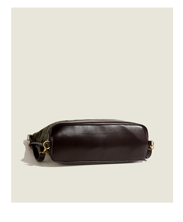 Large ink-wash printed corduroy hobo bag with dark brown leather-look base trim, diagonal front zip pocket, and gold-tone