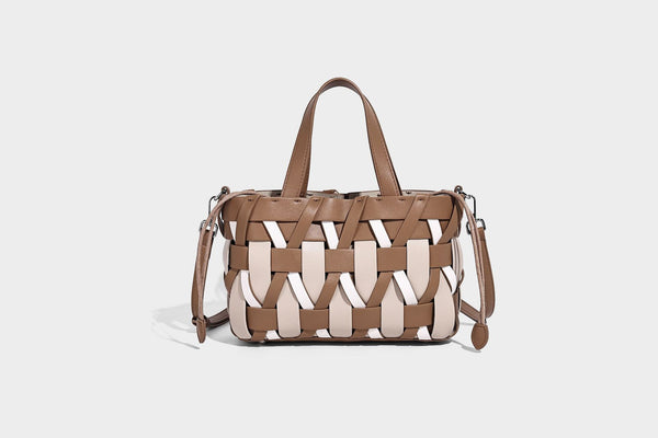 Small structured woven lattice tote bag with dual top handles and detachable shoulder strap in brown and cream leather-look