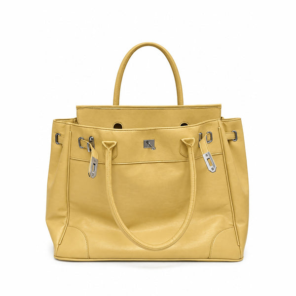 Large structured tote bag with turn-lock closure, silver-tone buckle hardware, and twin rolled handles, detail view 20