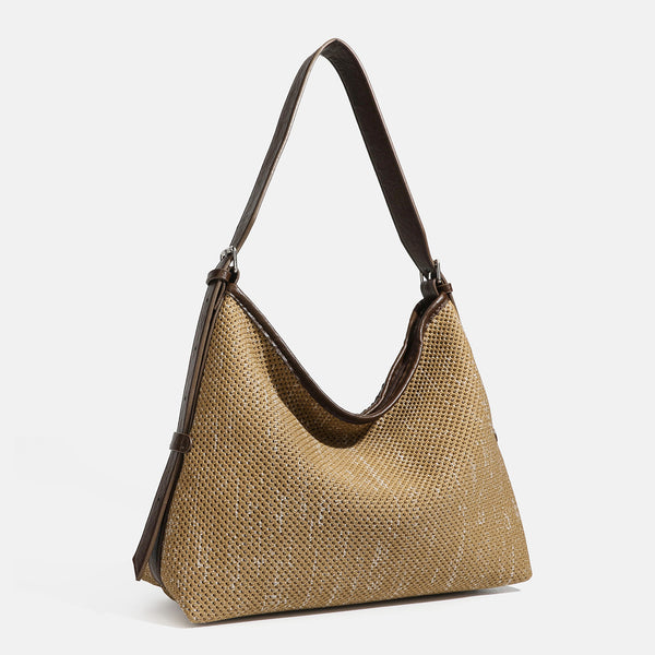 Large slouchy woven shoulder bag with dark brown leather-look trim and adjustable strap, detail view 2
