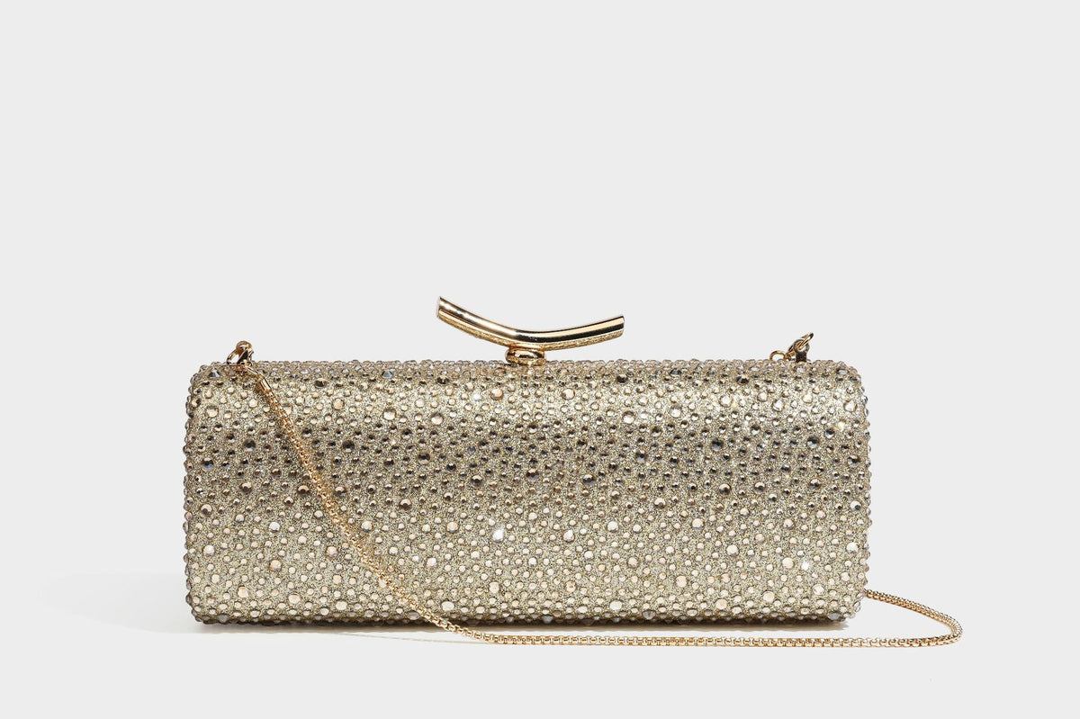 Structured rectangular hard-case clutch bag covered in all-over rhinestone crystal embellishment with curved kiss-lock top