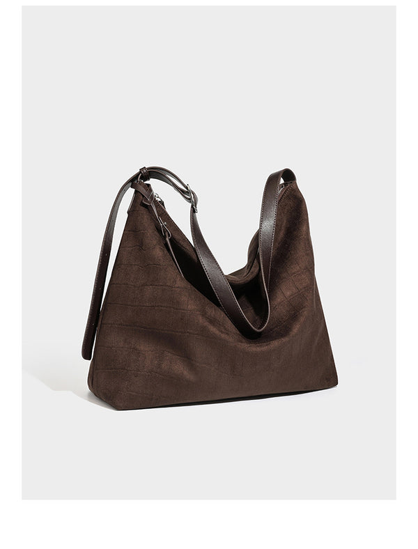 Slouchy hobo shoulder bag in matte croc-embossed leather-look finish with top zip closure and long adjustable strap, detail