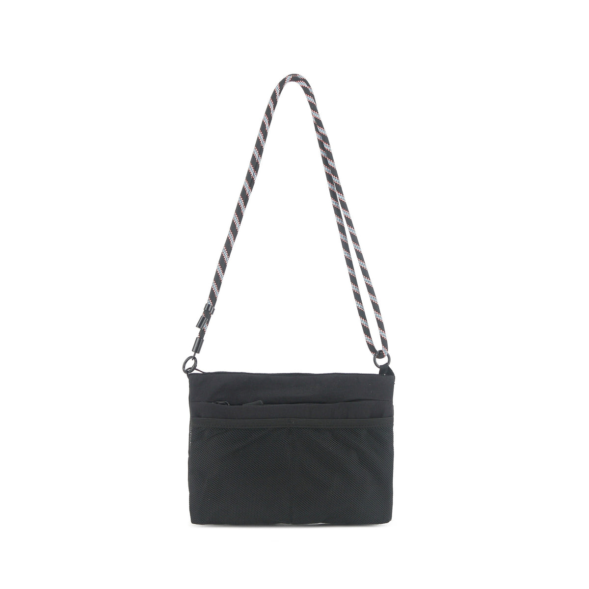 Flat rectangular crossbody bag with mesh front pocket, top zip closure, and adjustable patterned strap, detail view 8