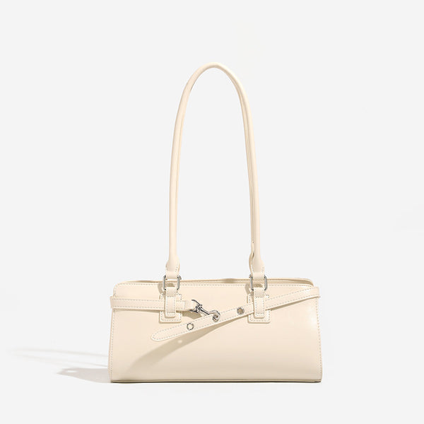 Glossy leather-look baguette shoulder bag with silver-tone hardware and buckle-strap detail, detail view 6