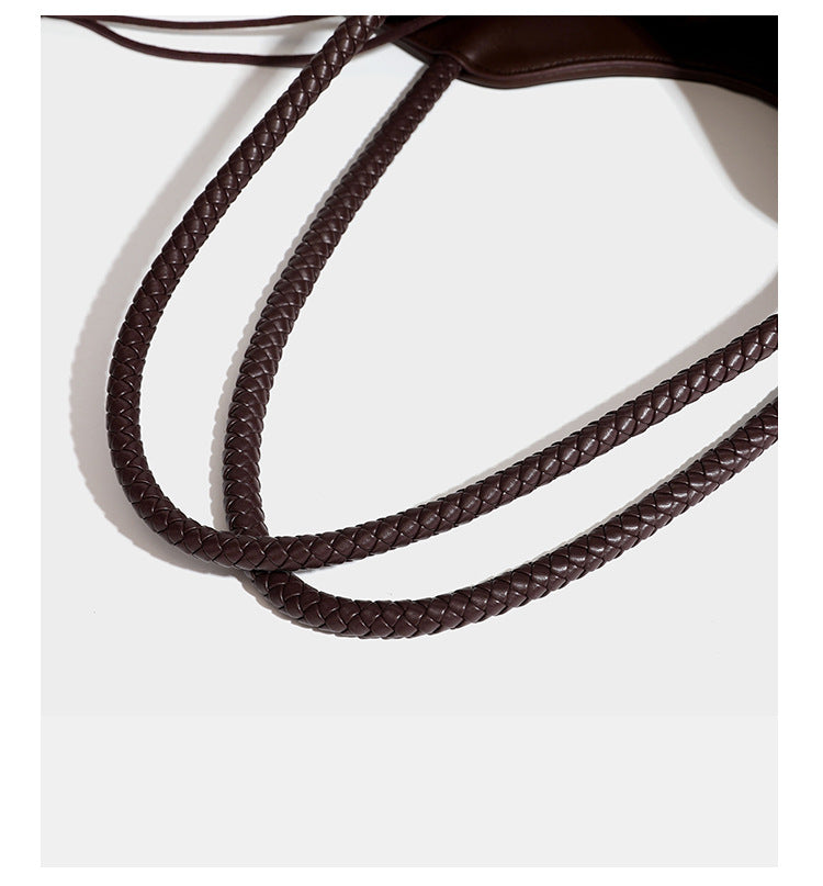 Woven geometric two-tone tote bag with braided shoulder straps and leather-look trim, detail view 24