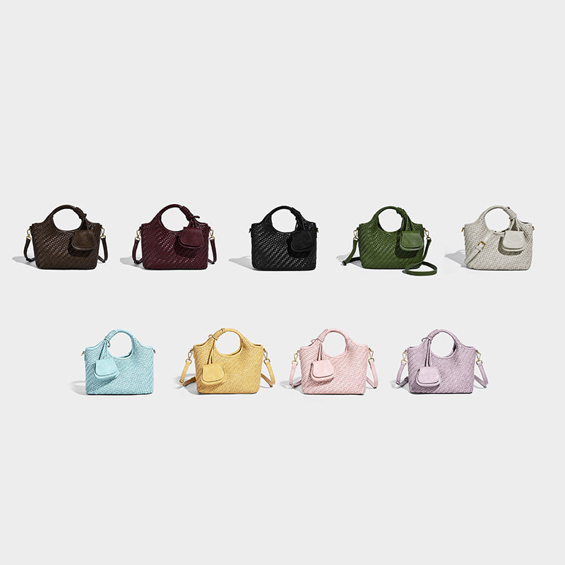 Woven texture tote bag with knotted top handles, attached front mini pouch, and gold-tone hardware, detail view 2