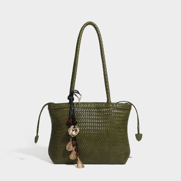 Structured woven leather-look tote bag in dark brown with long shoulder straps, side drawstring ties, and gold filigree