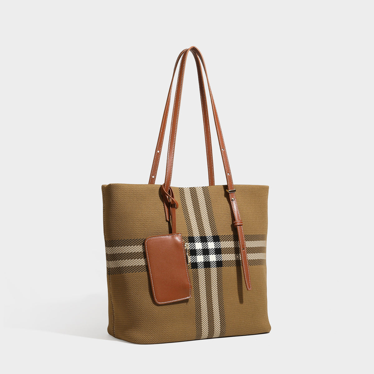 Large structured plaid check tote bag with smooth tan leather-look shoulder straps, attached front zip pouch, and gold-tone