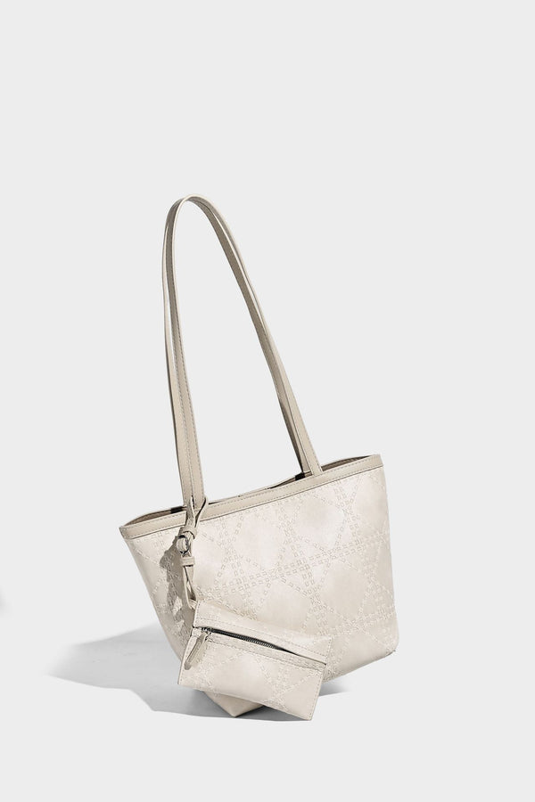 Quilted diamond-pattern tote bag with attached front zip pouch and long shoulder straps, detail view 20