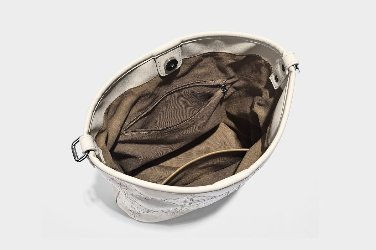 Diamond-quilted leather-look bucket shoulder bag with knotted strap accent and attached mini pouch, detail view 32