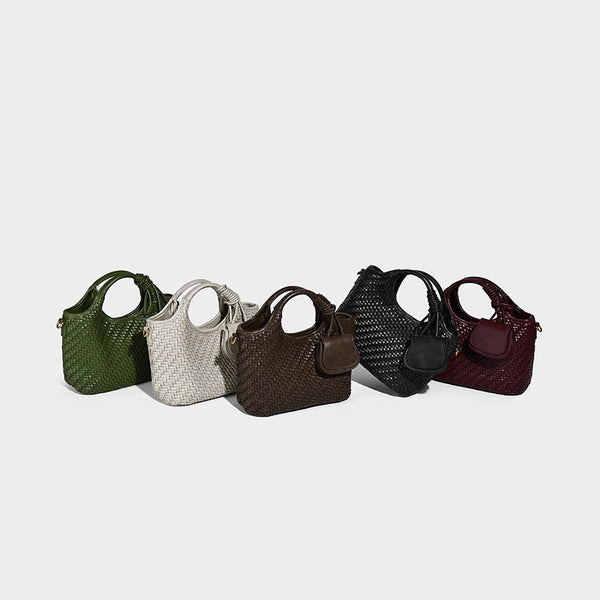 Woven texture tote bag with knotted top handles, attached front mini pouch, and gold-tone hardware, detail view 28