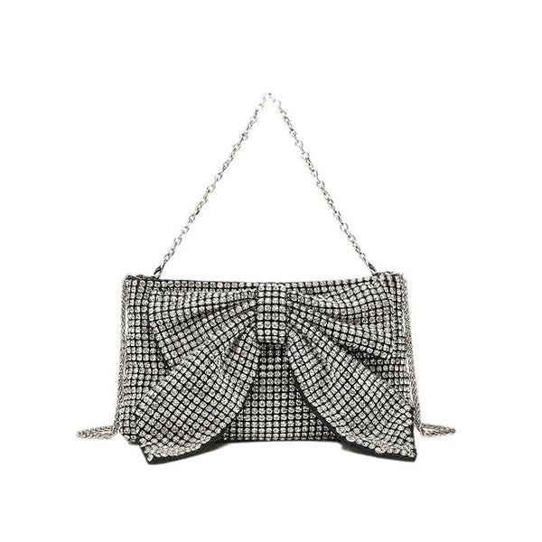 Kleine rechteckige Clutch zum Umhängen mit Schleife, vollständig mit Strasssteinen besetzt, silberfarbenem Kettenriemen, Detailansicht 5