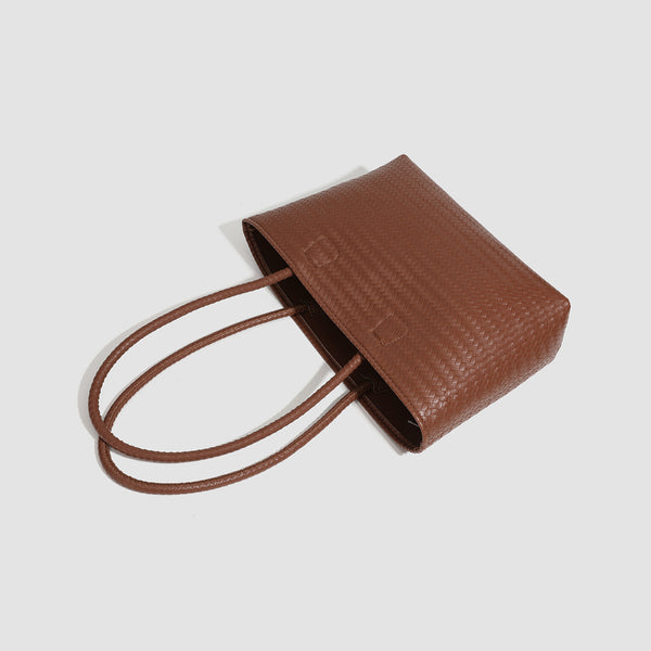Structured cognac brown woven-texture tote bag with double top handles and open top, detail view 4