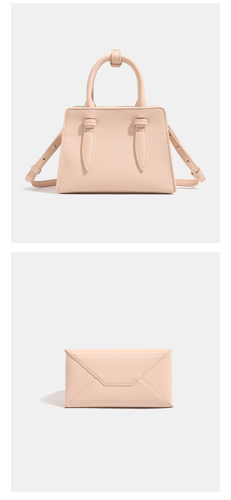 Small structured trapezoid top-handle bag in pebbled matte finish with decorative strap tabs, twin knotted handles, and