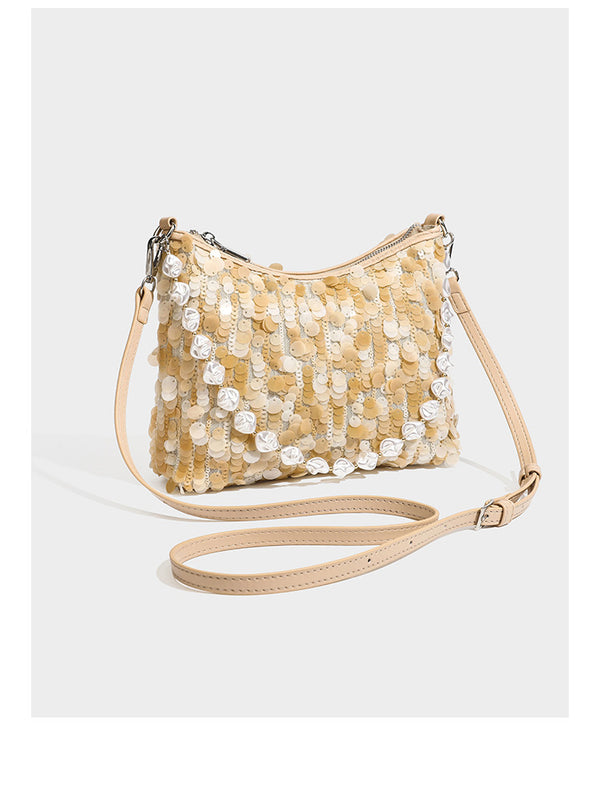 Champagne and ivory large-disc sequin shoulder bag with baroque faux-pearl beaded chain strap and silver-tone zip closure