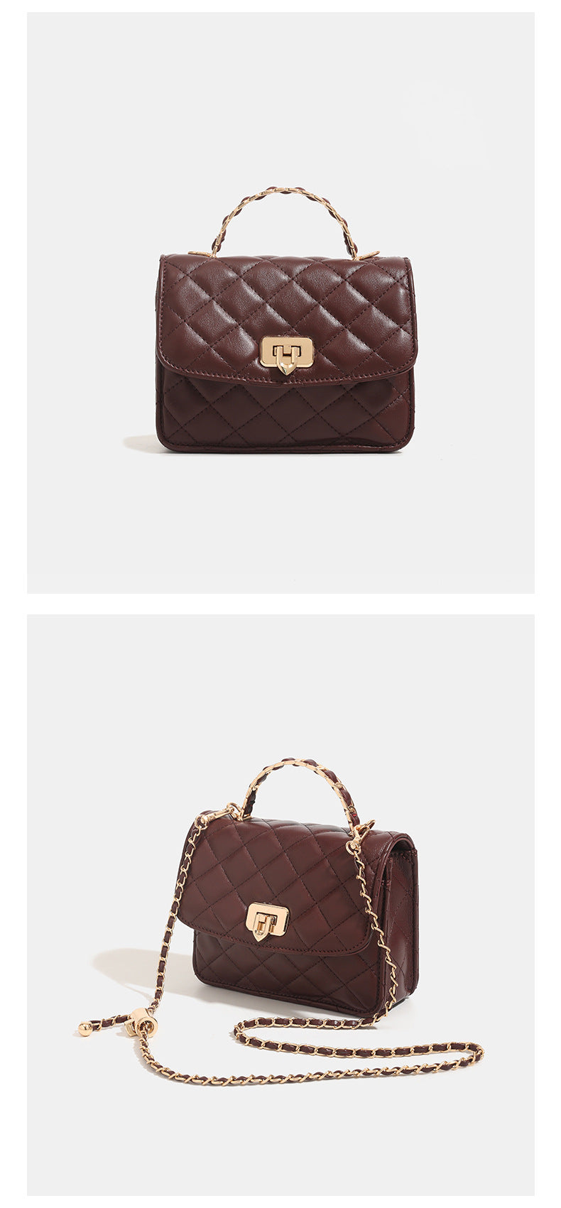 Small structured quilted flap crossbody bag with gold-tone turn-lock closure and chain strap, detail view 9
